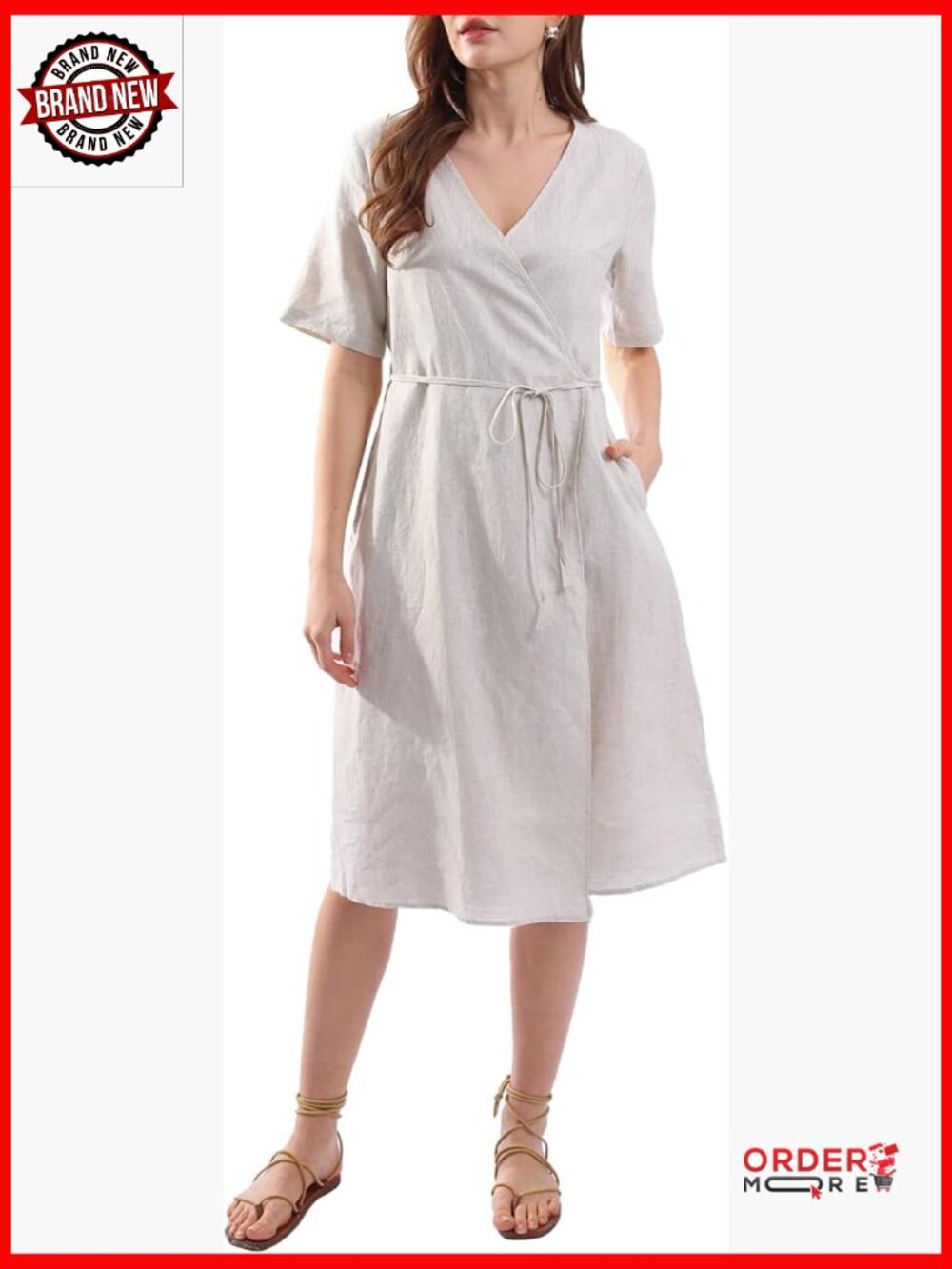 100% Linen Wrap Midi Dress with Pockets Short Sleeve V-Neck Summer Casual